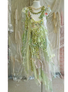 绿色森系仙女风长袖蕾丝不规则礼服精灵系晚装裙花嫁短款