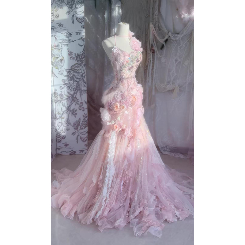 粉色花朵单肩鱼尾拖地晚装礼服