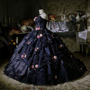 华丽风单肩花朵装 饰礼服女大裙摆公主裙气质优雅成人礼vintage