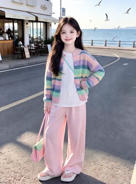 女童韩系多巴胺条纹毛衣外套秋款