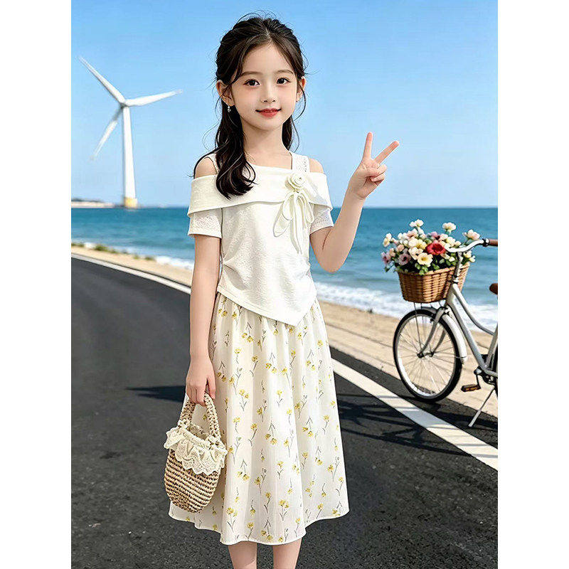 女童碎花裙套装夏季2026新款潮儿童甜美夏装女孩一字肩T恤两件套