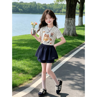 女童夏季套装2026新款儿童波点猫咪印花短袖夏装女孩半身裙两件套