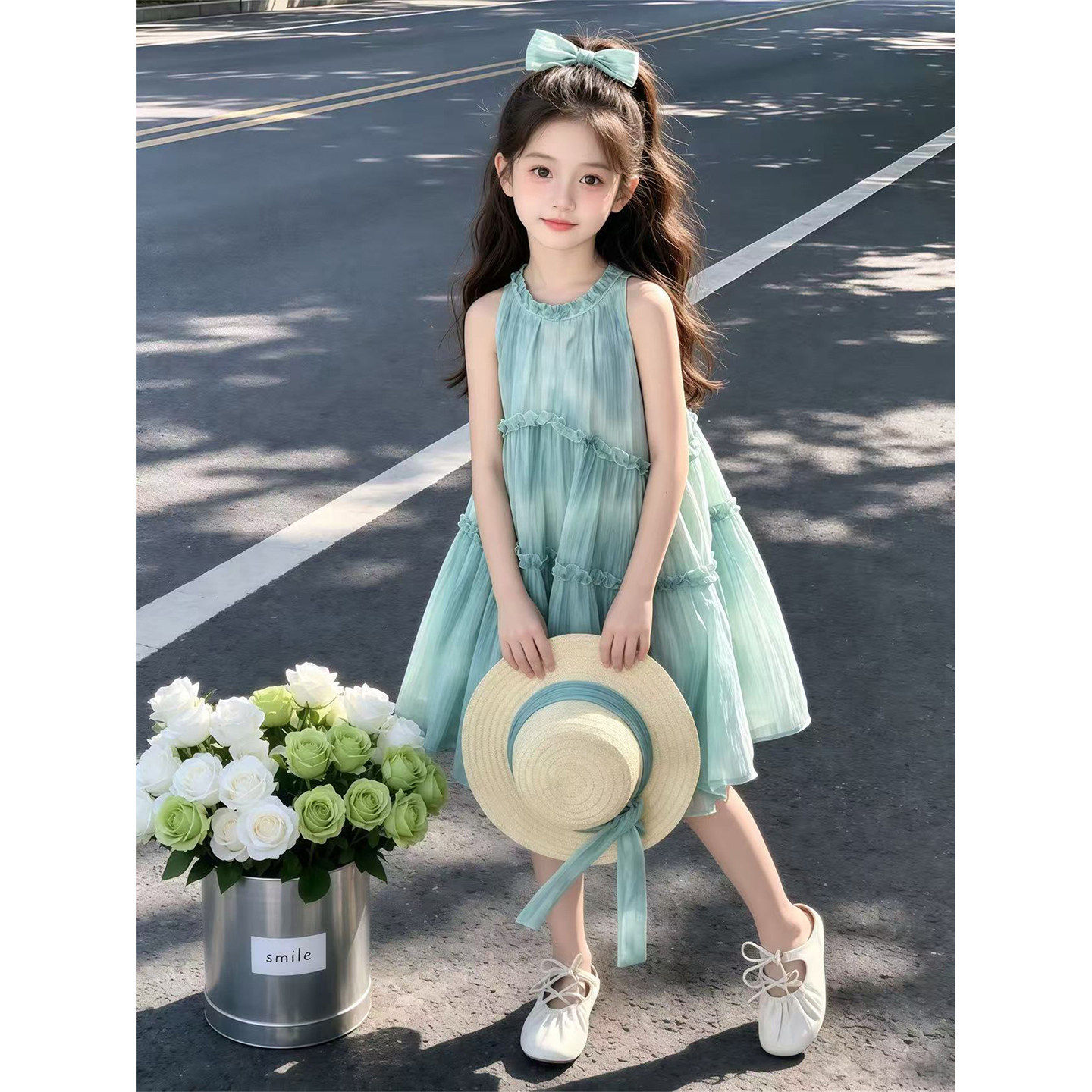 女童夏装巨好看无袖连衣裙2026新款女孩大童薄荷色公主裙儿童裙子