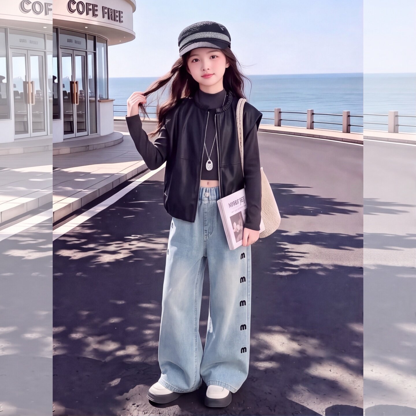 女童新款高腰字母印花牛仔裤中大