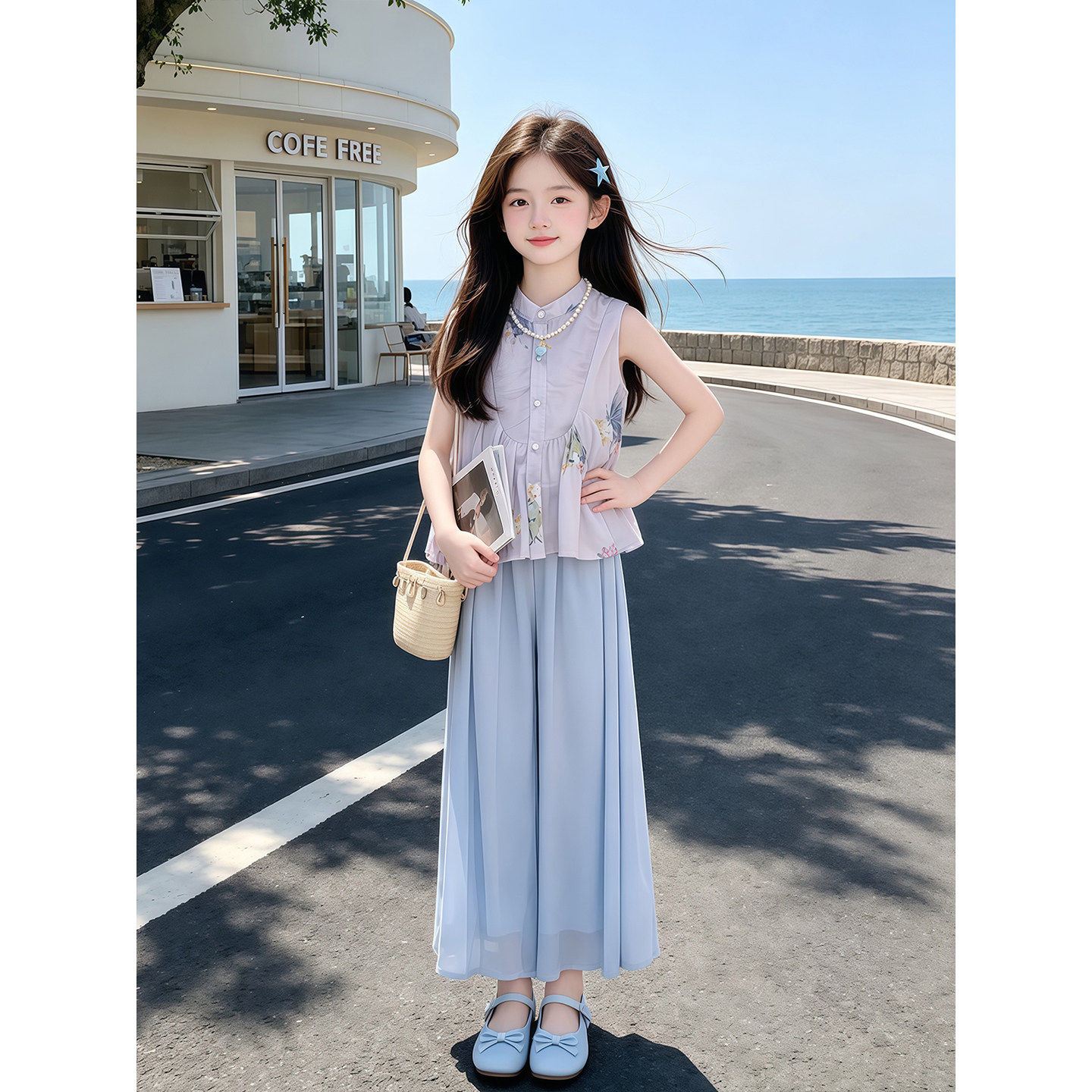 女童无袖套装夏季2026新款儿童洋派印花背心夏装女孩阔腿裤两件套