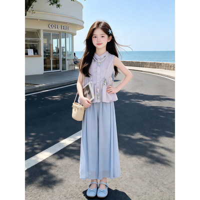 女童无袖套装夏季2026新款儿童洋派印花背心夏装女孩阔腿裤两件套