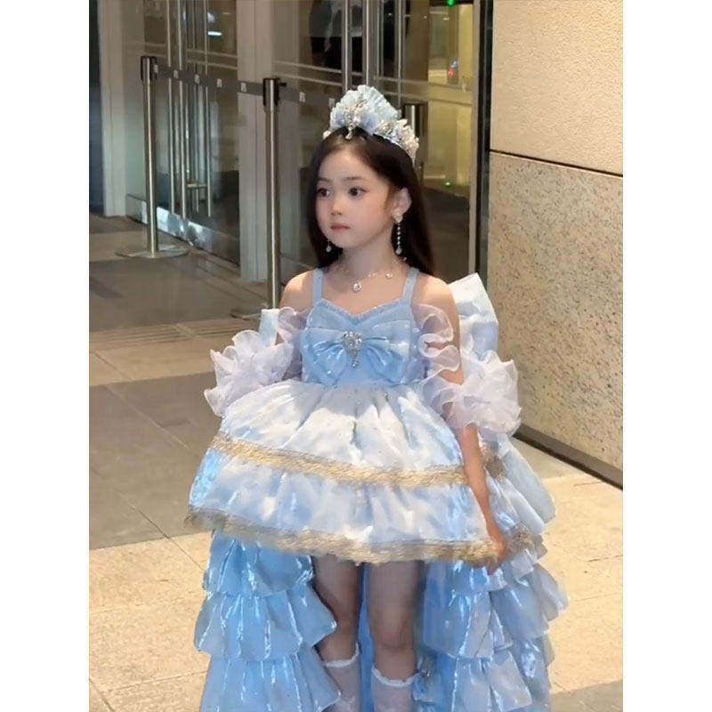 女童海洋洛丽塔风公主吊带连衣裙蓝色蓬蓬蝴蝶结拖尾生日礼服裙