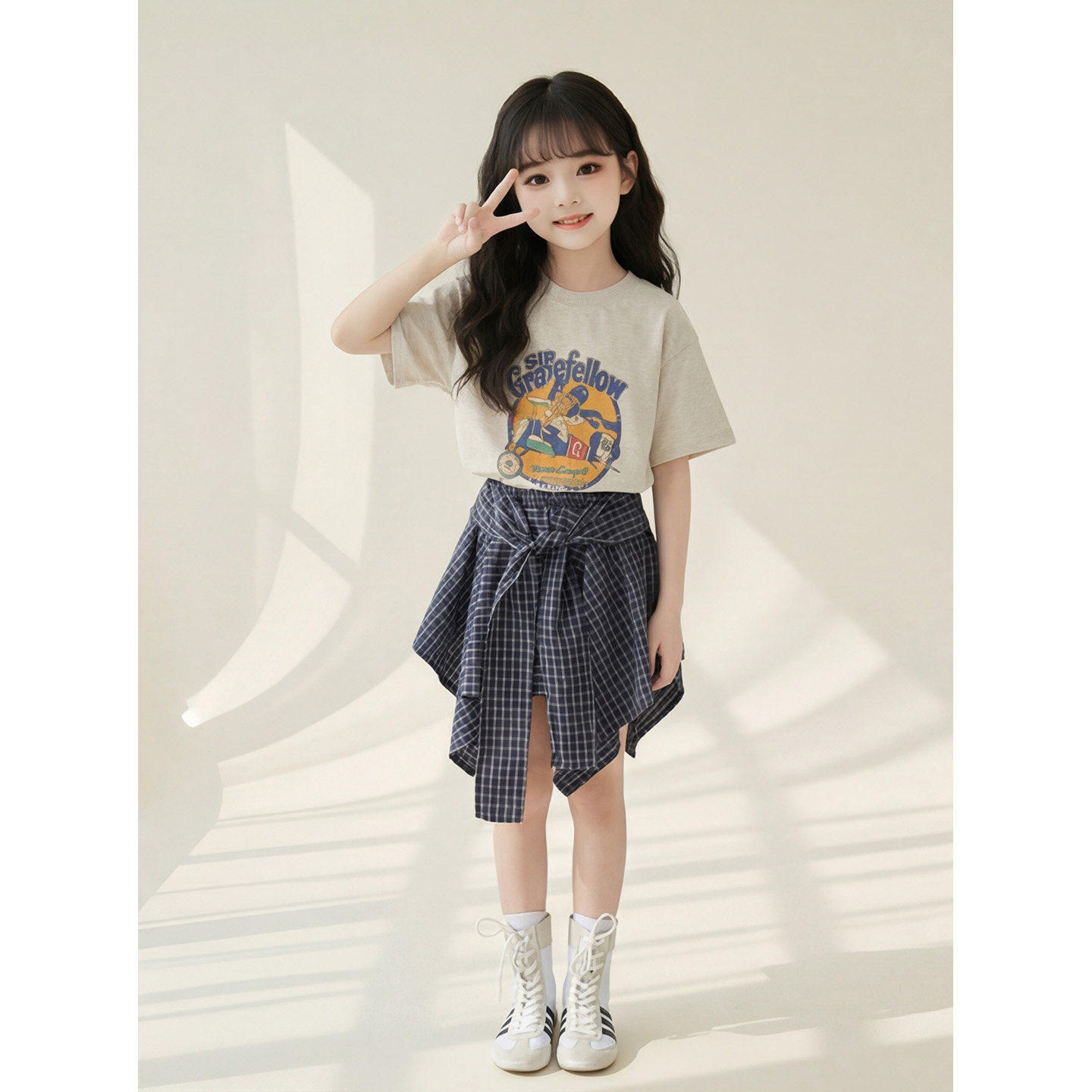 女童套装夏季2026新款女大童Tt恤格子裙两件套韩版洋气不规则裙子