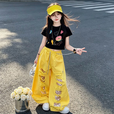 女童套装夏装2026新款洋气儿童韩版时髦夏季短袖炸街阔腿裤两件套