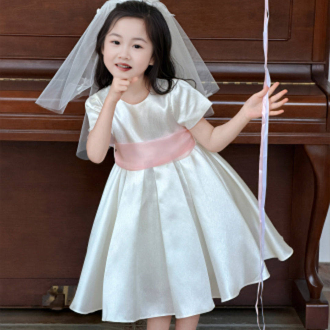 小女孩绝美巨好看迪公主裙儿童生日礼服裙女童白色短袖缎面连衣裙