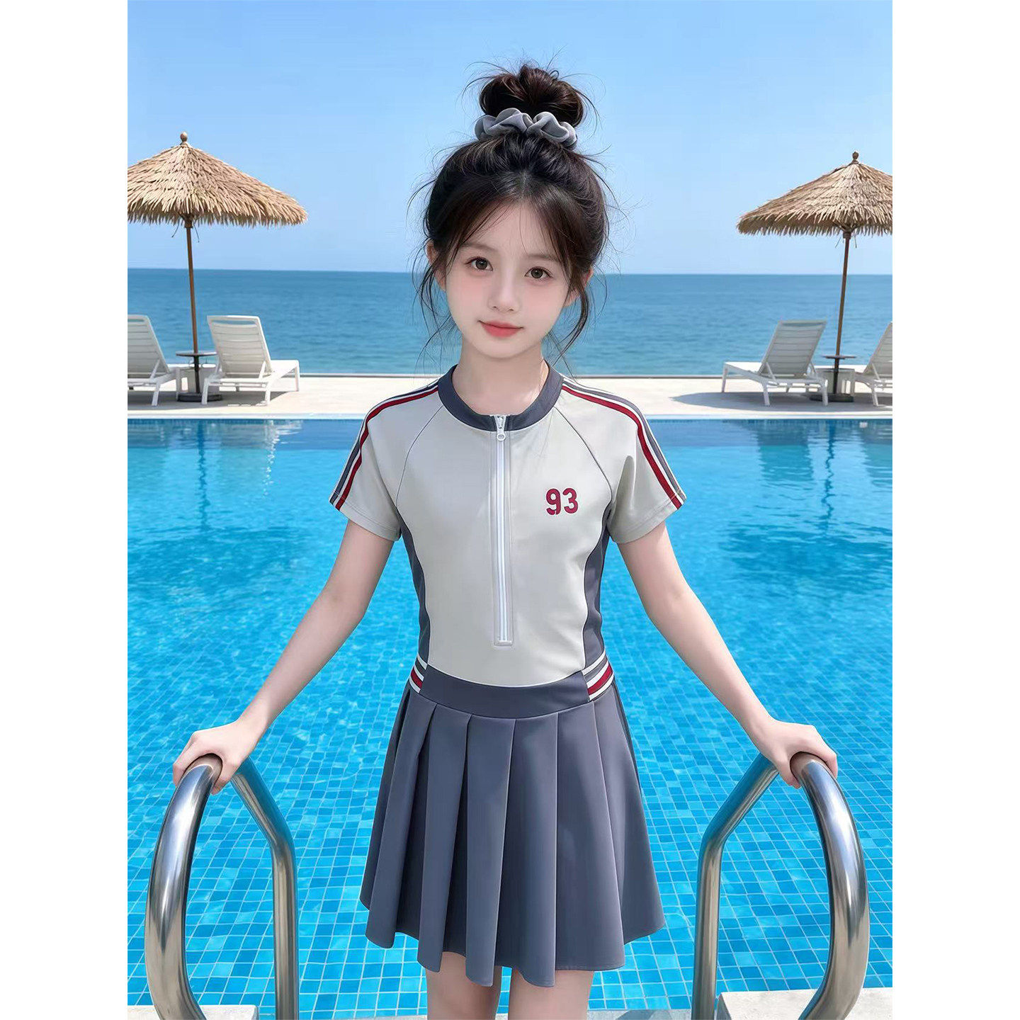 女童休闲游泳衣2026新款学院风数字印花短袖防走光裙式两件套泳衣
