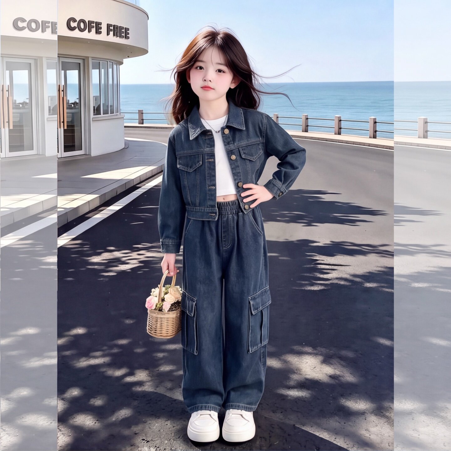 女童牛仔工装套装秋季款2026新款中大童韩版小女孩时髦炸街两件套