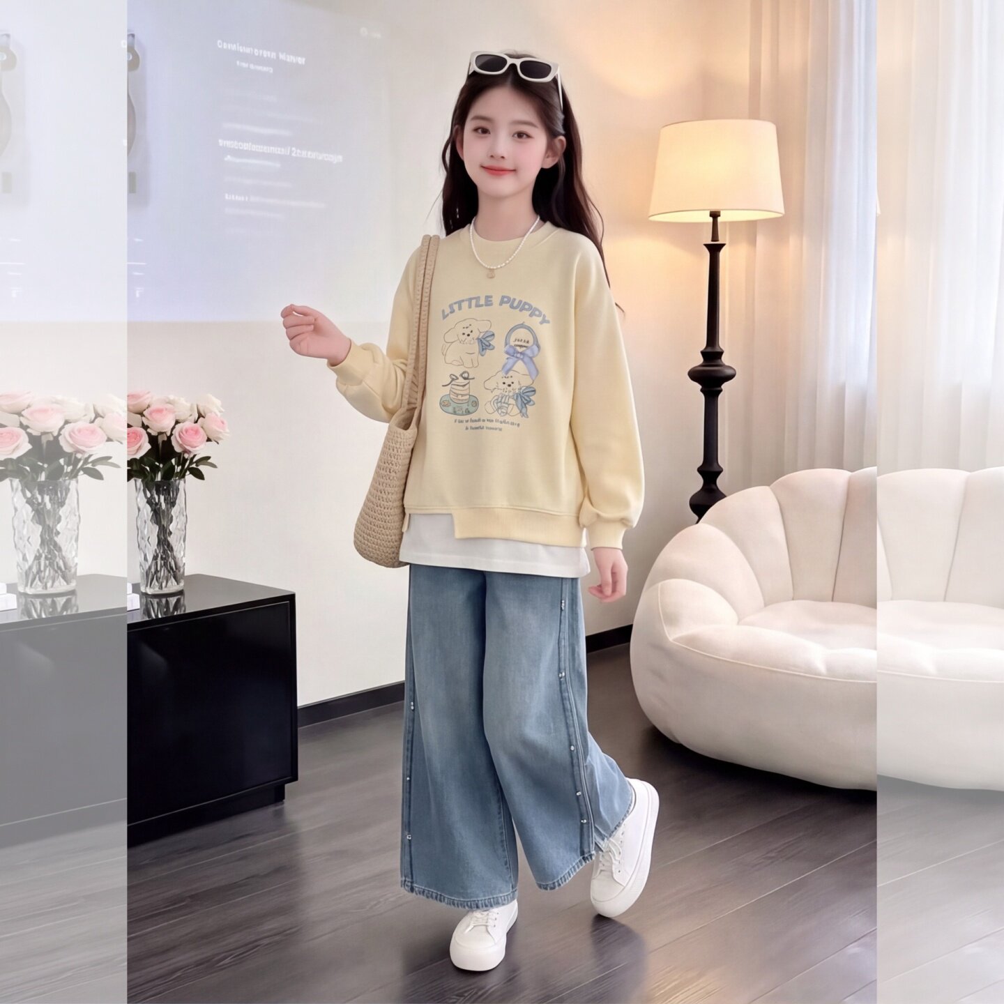 女童休闲秋季装套装2026新款儿童假两件小狗卫衣珍珠牛仔裤两件套