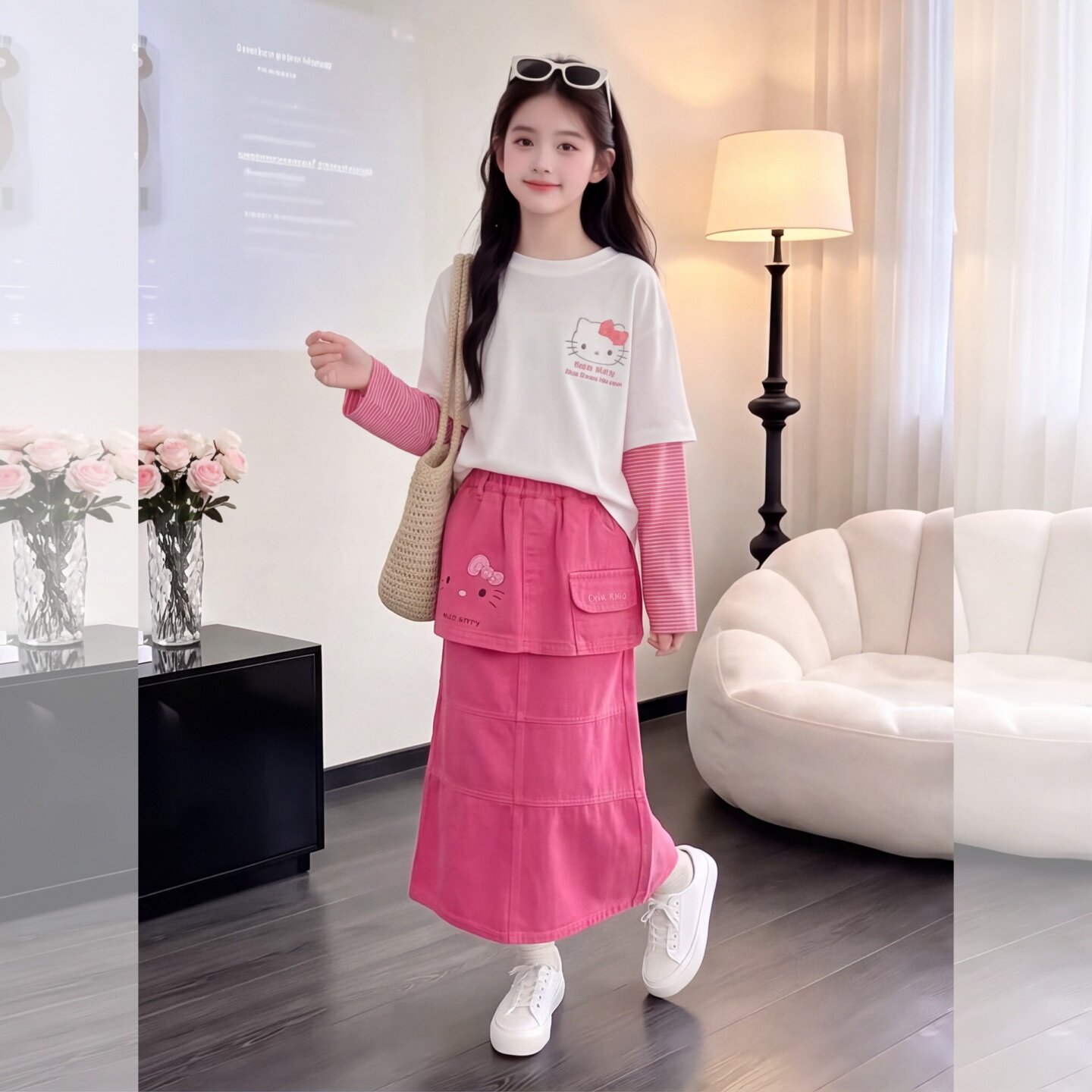 女童韩系套装假两件穿搭裤子女大童哈喽kitty猫上衣儿童秋装韩版