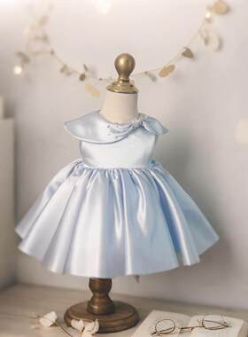 女童浅蓝色连衣裙儿童周岁生日礼服蝴蝶结蓬蓬裙公主裙宝宝背心裙