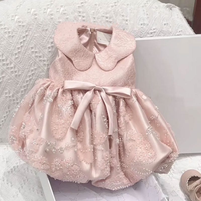 童装女童公主粉色连衣裙轻奢重工洋气时尚儿童宝宝生日礼服裙子潮