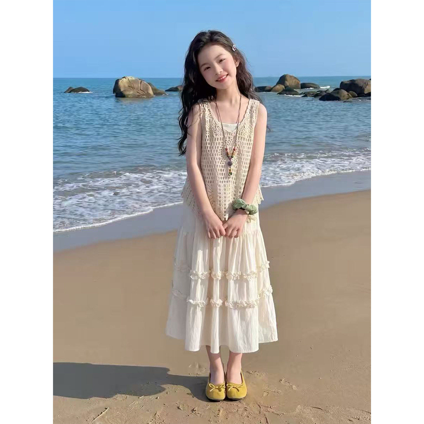 女童日常休闲洋装2026新款镂空钩花背心蛋糕长裙儿童夏季裙子潮