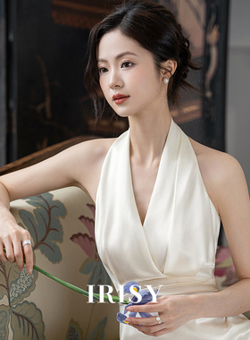 原创正版IRISY新娘订婚礼服女白色晨袍挂脖连衣裙领证小白裙婚纱