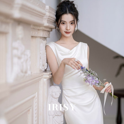 IRISY 法式荡领高级感白色缎面订婚礼服轻婚纱领证登记小白裙女