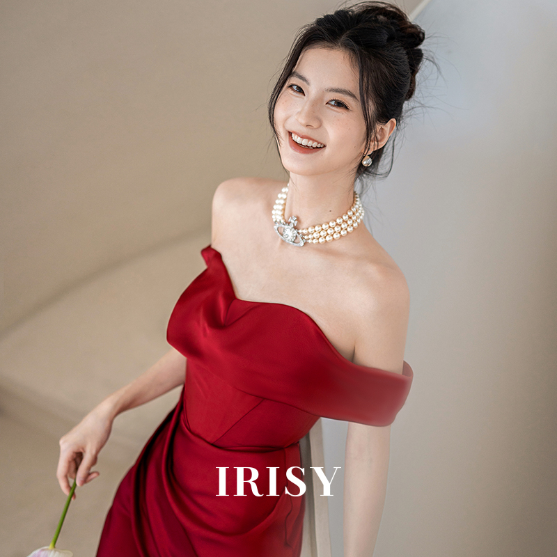 IRISY 一字肩抹胸订婚礼服裙高级感红色新娘敬酒服轻奢小众晚礼服