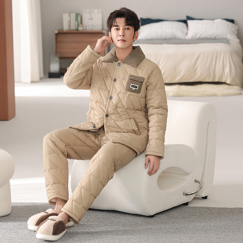 抗静电睡衣男款冬季珊瑚绒加厚加绒三层夹棉袄冬款保暖家居服羽绒