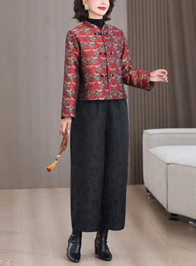 blx9727红色提花复古洋气休闲上衣2025秋冬新中式国风妈妈装套装