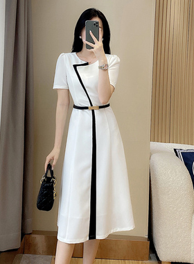 女神范白色收腰拼接连衣裙女夏新款OL职业装高端质感气质中长裙子