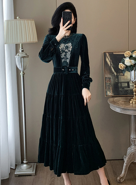 高级贵妇金丝绒连衣裙女秋冬季新款法式气质高端奢华绿色礼服长裙