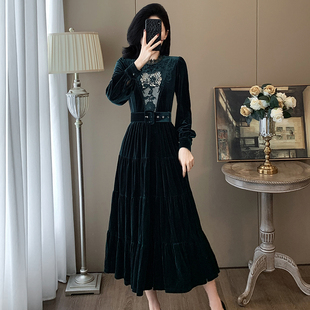 气质高端奢华绿色礼服长裙 法式 高级贵妇金丝绒连衣裙女秋冬季 新款