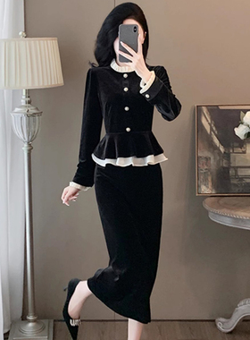 法式复古小香风两件套套装女秋冬新款赫本黑色丝绒一整套搭配套裙