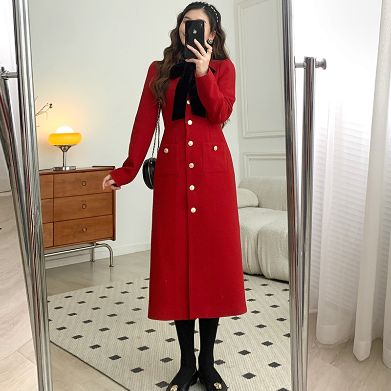 小香风粗花呢红色年会战袍连衣裙