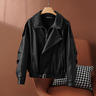 海宁真皮头层绵羊皮女皮衣2026春新款 休闲宽松显瘦机车皮夹克外套