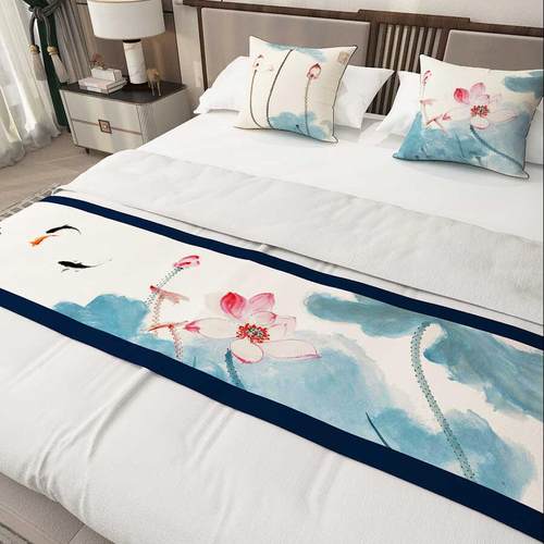 床旗水墨荷花张大千中国风卧室床上酒店客房民宿宾馆床尾巾亚麻