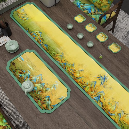 千里江山图皮革吸水中式茶席杯垫