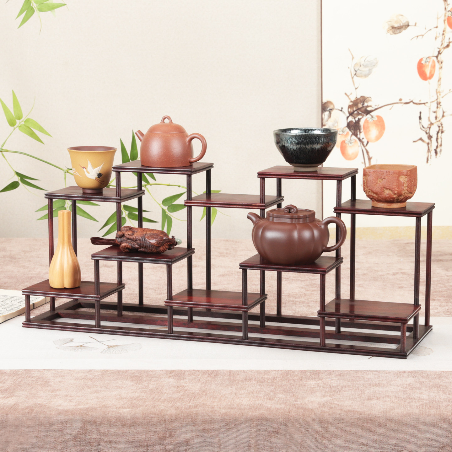 红酸枝小多宝阁紫砂茶壶茶具博古架红木工艺品盆景摆件展示收纳架