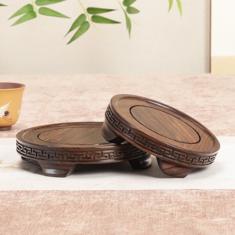 实木非洲黑檀圆形回纹摆件底座花瓶盆景茶壶鱼缸底座奇石香炉木托
