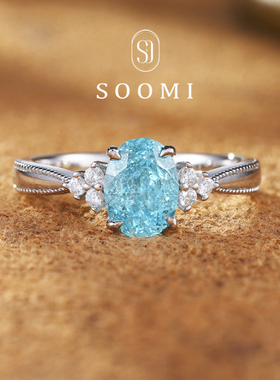 【新品 琥珀糖】帕拉伊巴戒指2ct培育宝石冰裂霓虹蓝蛋形女戒银镶