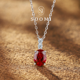 【SOOMI落日晚霞】925银1.85克拉培育鸽血红宝石项链简约百搭吊坠