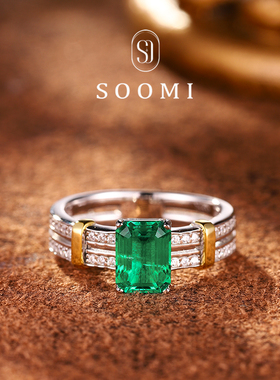 【SOOMI主播推荐】长方形1.5克拉木佐色培育祖母绿戒指时尚戒环女