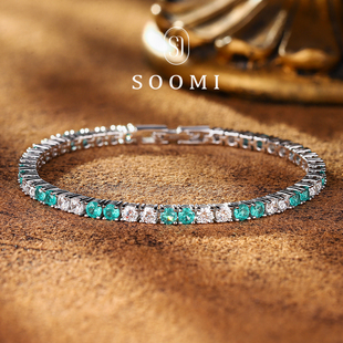 帕拉伊巴手链培育蓝宝石925纯银镶钻满圈手饰 叠浪 SOOMI