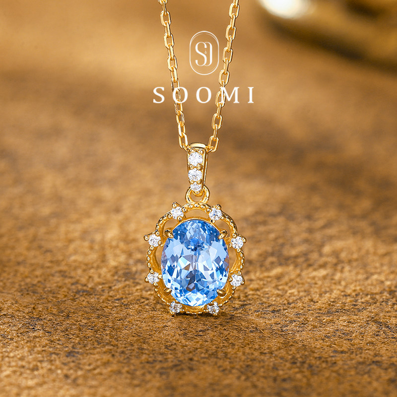 【新品 挽星】海蓝宝项链1.8ct培育宝石蛋形戴妃925银吊坠女礼物