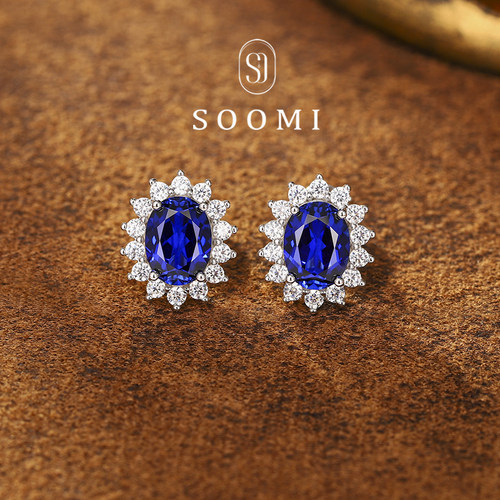 【SOOMI 太阳花】皇家蓝宝石耳钉 3.6ct培育彩宝大克拉戴妃款耳饰