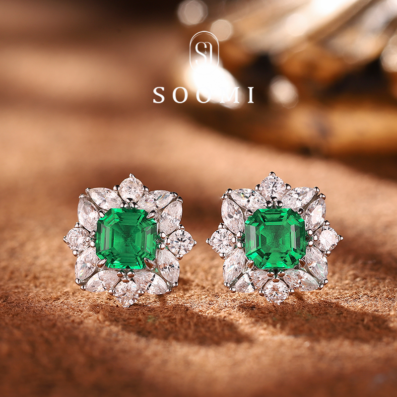 1克拉培育祖母绿宝石耳钉