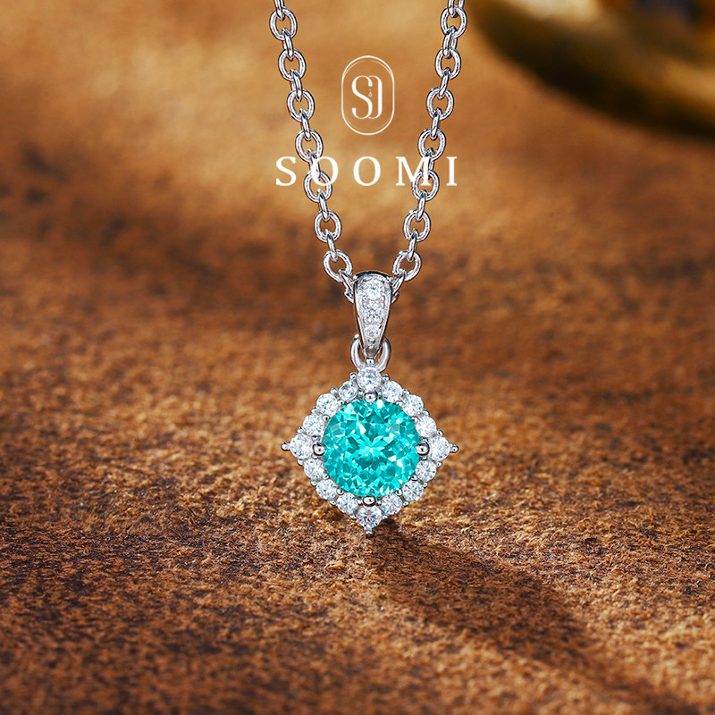 【SOOMI 逐光】帕拉伊巴霓虹蓝项链1.4克拉培育彩宝925银镀金吊坠