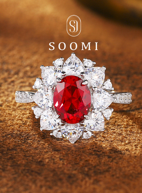 【SOOMI 红妆】红宝石戒指2.6克拉鸽子蛋培育彩宝镶钻女戒925纯银