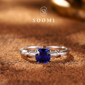 SOOMI缘梦 1克拉圆枕型培育皇家蓝宝石戒指经典 时尚 日常款 戒环女