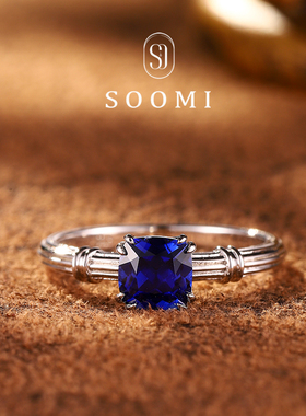 [SOOMI缘梦]1克拉圆枕型培育皇家蓝宝石戒指经典时尚日常款戒环女