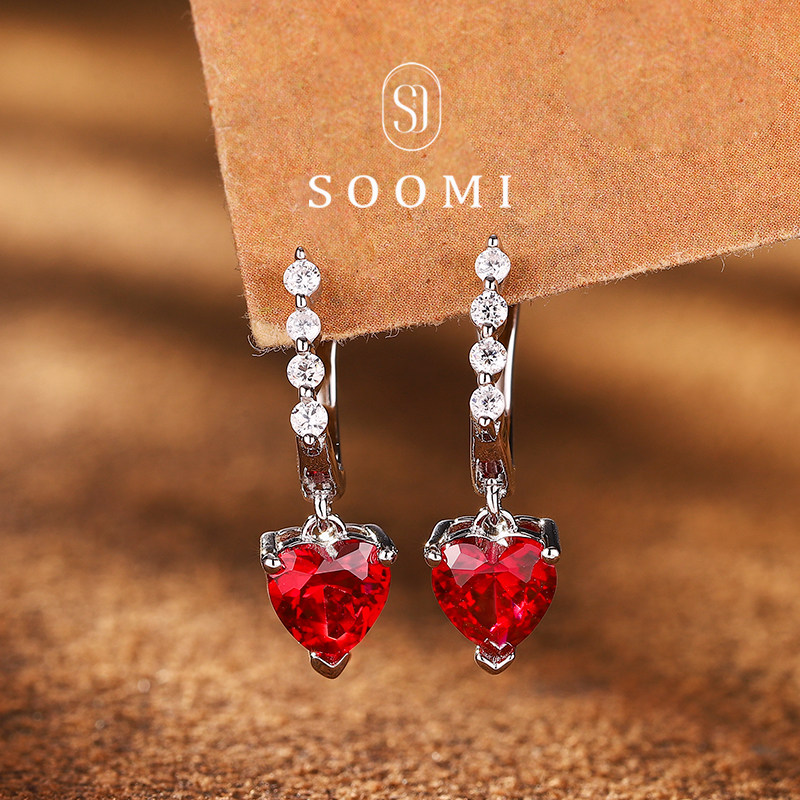 【SOOMI心心相印】925银爱心培育鸽血红宝石耳钉时尚百搭耳扣女