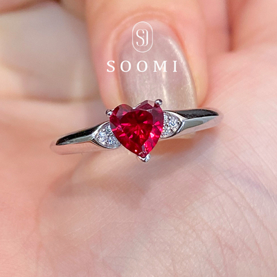 【SOOMI 心影】红宝石戒指1.2ct培育鸽血红心形彩宝925银爱心女戒