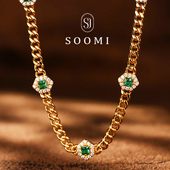 SOOMI烟火 925银培育沃顿绿祖母绿项链复古叠戴古巴链锁骨链吊坠